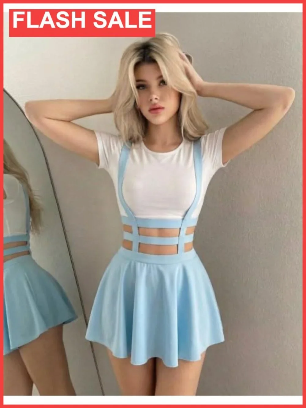 Pleated Suspender Mini Skirt High Waist A-Line Polyester Spandex
